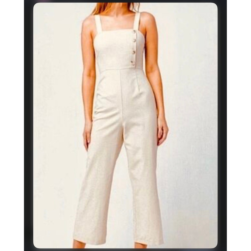 Sky and Sparrow Linen Blend Button Detail Wide Leg Cropped Jumpsuit Beige Small